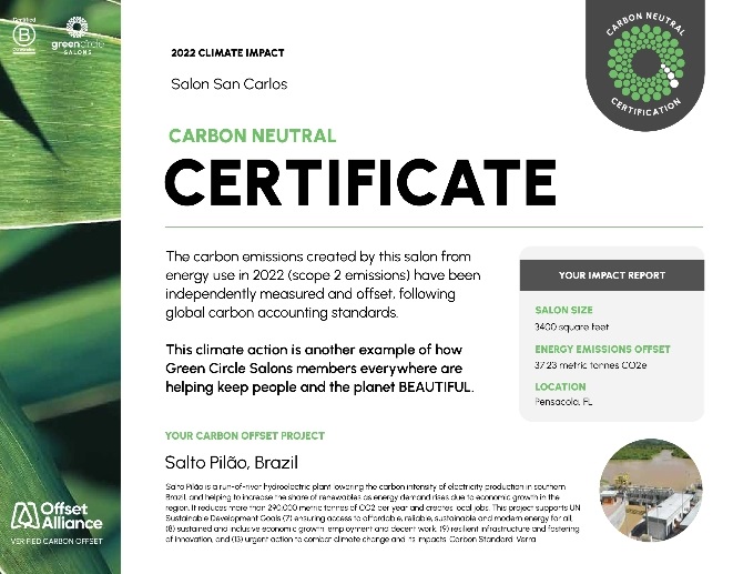 Carbon neutral certificate. This salon is sustainable has been certified as carbon neutral.